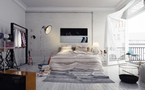 Спальня в стиле лофт в доме в светлых тонах